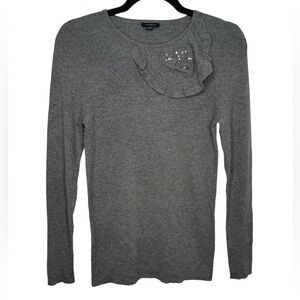 Ann Taylor Grey Ribbed Cashmere Wool Silk Blend Embellished Neck Sweater Medium